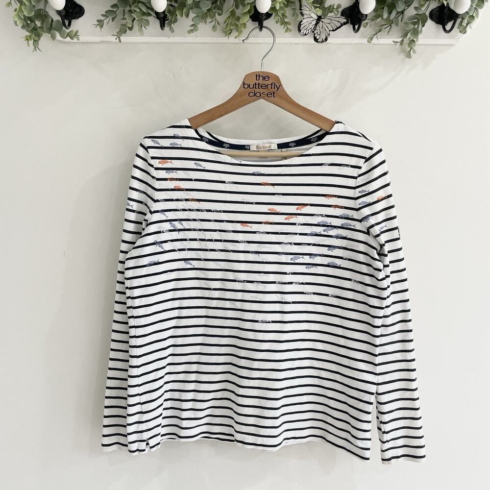 Barbour- Womens Stripe Breton Seaward School of Fish Top-Sz 8-Coastal-Preppy